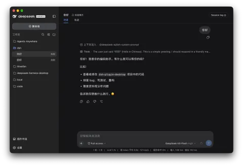 DSH Desktop 真实界面：左边工作区与会话，右边对话区，底部能看到模型和 token 用量